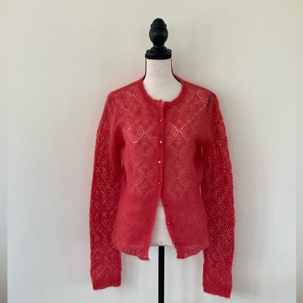 LAUNDRY by Shelli Segal 🍒 Coral Mohair Lace Knit Cardigan size Large